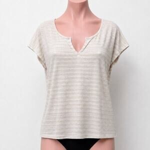 Old Navy Cream and White Striped V-Split Neck Tee Blouse Capped Sleeve Small